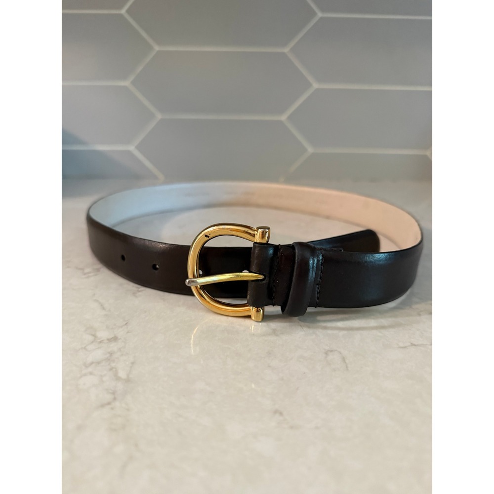 Ellen Tracy Dark Brown Genuine Leather Belt Gold Horseshoe Buckle Size S ET433